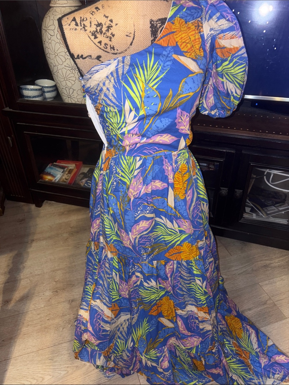 Flying Tomato Blue Tropical One-Shoulder Maxi Dress with Orange & Green Prints